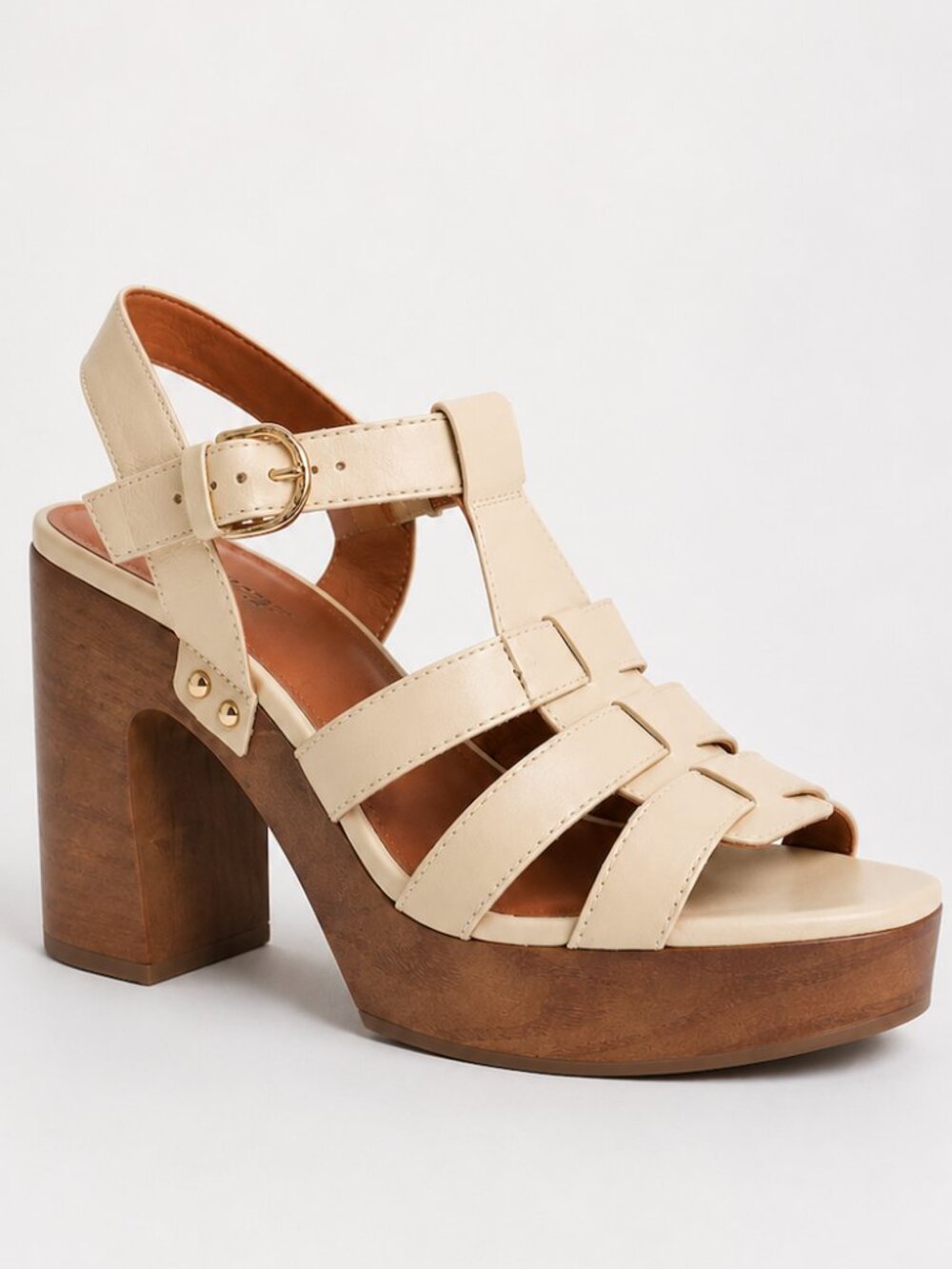 Lucky Brand Imana Platform Sandals Cream Leather Wood Look Block Heel Retro Boho